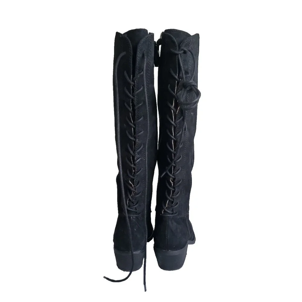 Aqua Sofft “Sharnell” Black Suede Knee High Boots Lace Up Water Resistant 6.5M